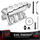 EVIL ENERGY polished chrome sheet metal intake manifold kit with fuel rails, fuel line, o-rings, and mounting hardware bolts next to a sports car image background, offering free shipping and one-year warranty.