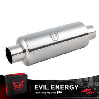 EVIL ENERGY stainless steel exhaust muffler resonator with branded logo and product packaging box on a promotional banner.