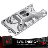 EVIL ENERGY 351W single plane intake manifold part 4023 in polished silver aluminum, featuring free shipping and one-year warranty badge.