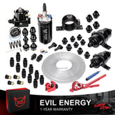 EVIL ENERGY 300LPH External Inline Fuel Pump Kit with regulator, 100-micron filter, 10-micron filter, AN fittings, aluminum fuel line, and installation tools