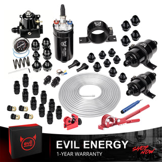 EVIL ENERGY 300LPH External Inline Fuel Pump Kit with regulator, 100-micron filter, 10-micron filter, AN fittings, aluminum fuel line, and installation tools