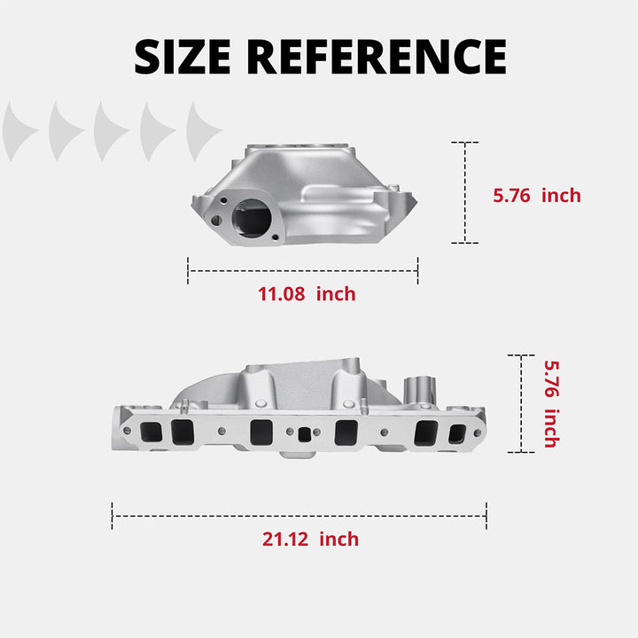 Size reference diagram for EVIL ENERGY 4023 intake manifold with exact dimensions 21.12in length, 11.08in width, and 5.76in height.