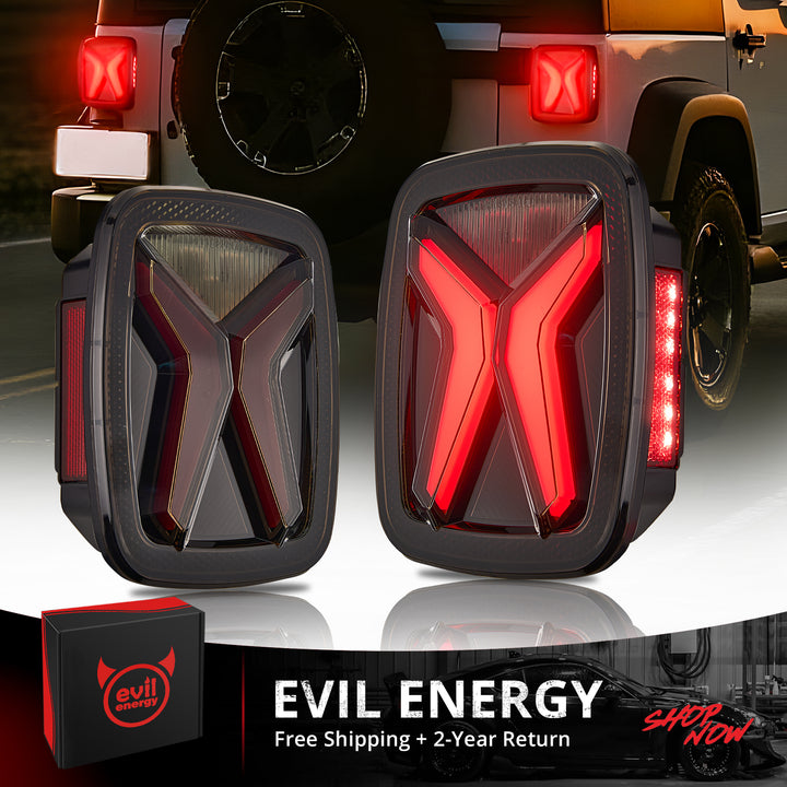 EVIL ENERGY Fit For 1997-2006 Jeep Wrangler CJ YJ TJ Trucks LED Tail Lights Assembly, New Upgrade DOT Smoke X Shape, Brake Turn Signal LED Rear License Plate Lights with Side Markers - EVILENERGY
