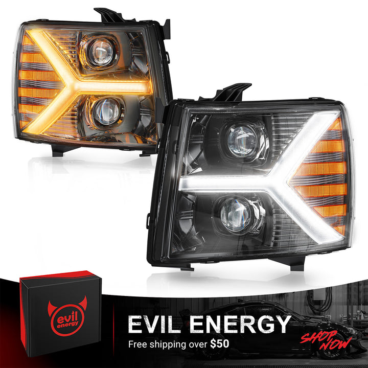 EVIL ENERGY Headlights assembly for Chevy Silverado 1500 2500 HD 3500 HD 2007-2013, Headlight Assembly Pair with LED DRL Turn Signal & Clear Lens, Anti-Glare & Wateproof Head Light Assembly Set, Black - EVILENERGY