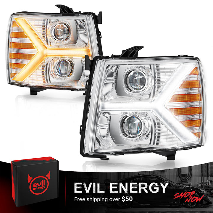 EVIL ENERGY Headlights assembly for Chevy Silverado 1500 2500 HD 3500 HD 2007-2013, Headlight Assembly Pair with LED DRL Turn Signal & Clear Lens, Anti-Glare & Wateproof Head Light Assembly Set, Chrome - EVILENERGY