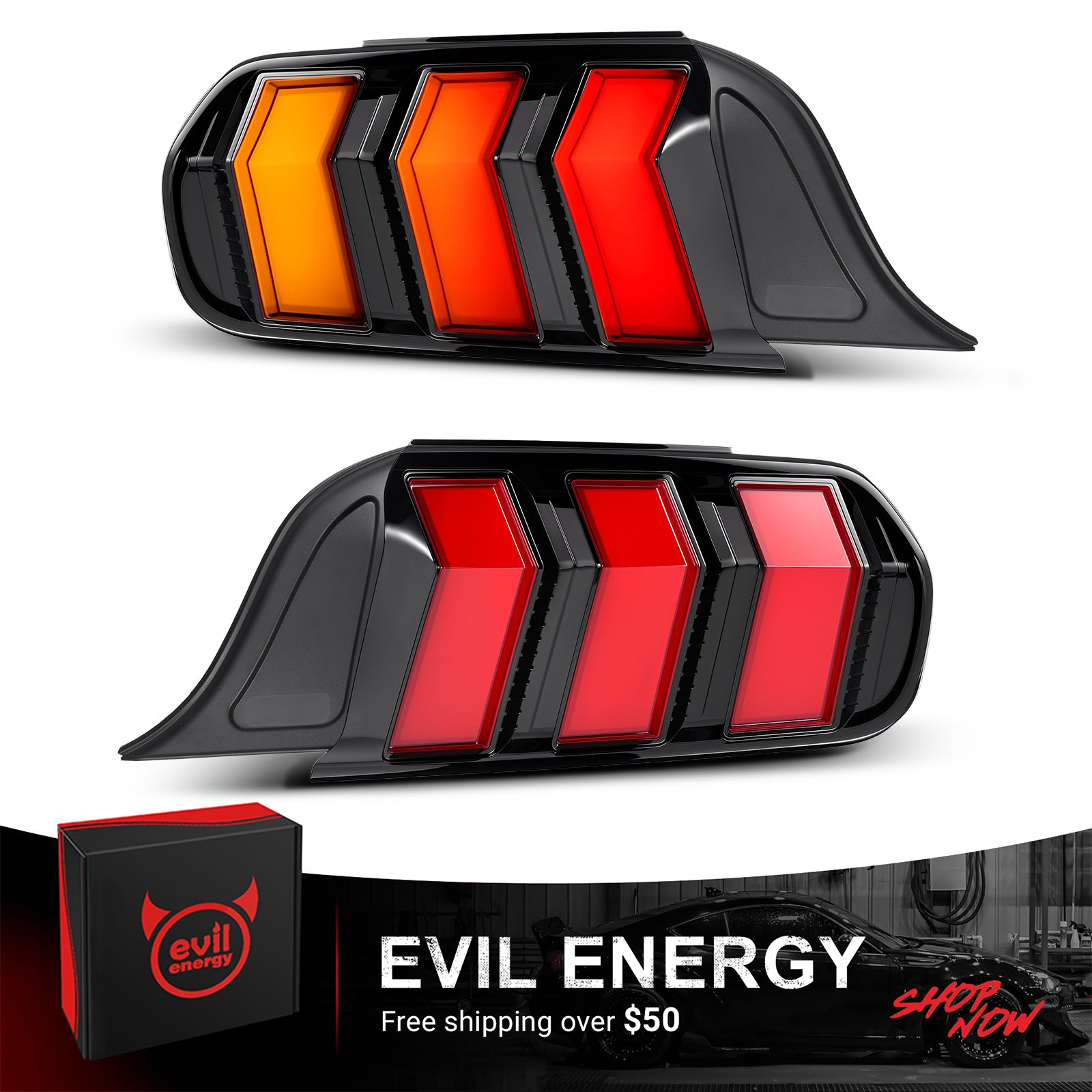 EVIL ENERGY Fit For 2015-2023 Ford Mustang LED Tail Lights Assembly、Rear Brake Lamp w/Sequential Signal Light、Rear Brake Lamp Red, 2 PCS (Driver and Passenger Side) - EVILENERGY