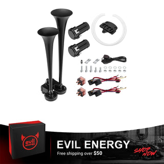 EVIL ENERGY 12V Air Horn for Truck Kit, Dual 2-Trumpet Truck Car Horn with 2 Mini Air Compressors & 2 Air Hoses, Impact Horn Tubes Ultra Loud Truck Air Horn for Car Pickup SUV RV Van Boat