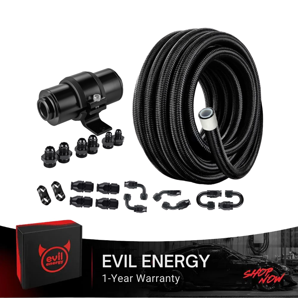 EVIL ENERGY E85 Compatible Fuel Filtration & Fuel Line Kit - Universal 6AN-10AN Inline Fuel Filter (10/30/40/100 Micron) + 20FT PTFE Braided Fuel Line (4AN-12AN, 3/16 Inch ID) - EVILENERGY