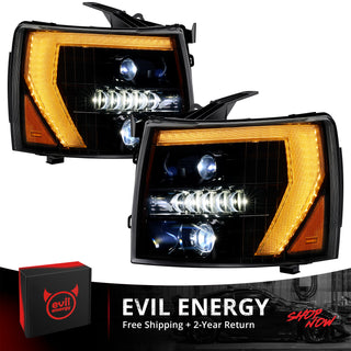 EVIL ENERGY 600% Bright LED Headlights Assembly, Fit For 2007-2013 Chevy Silverado 1500, 2007-2014 Chevy Silverado 2500 3500 2500HD 3500HD, DRL/Turn Signal/Side Maker/Low Beam w/ Bulbs (NOT for GMC) - EVILENERGY