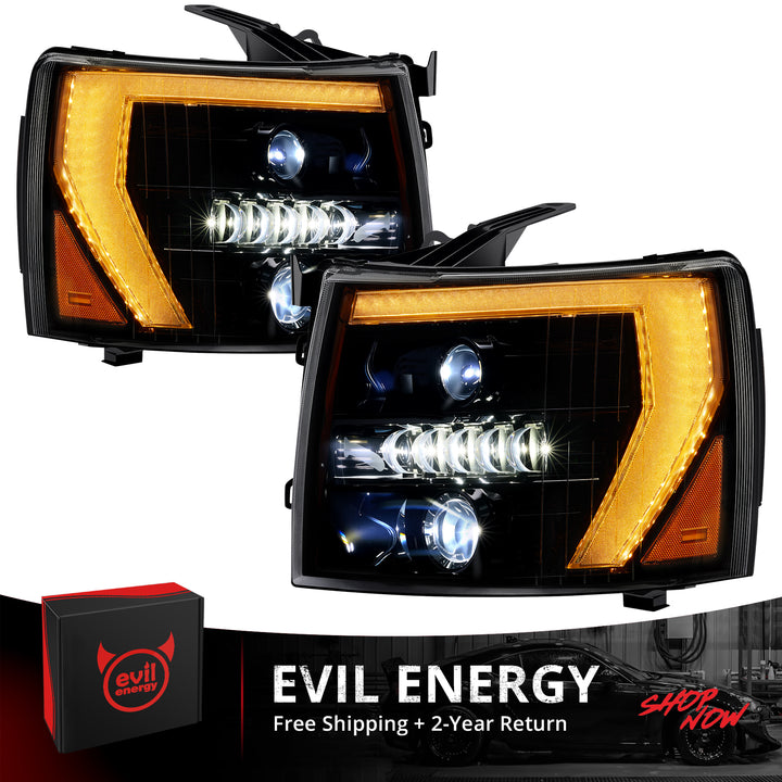 EVIL ENERGY 600% Bright LED Headlights Assembly, Fit For 2007-2013 Chevy Silverado 1500, 2007-2014 Chevy Silverado 2500 3500 2500HD 3500HD, DRL/Turn Signal/Side Maker/Low Beam w/ Bulbs (NOT for GMC) - EVILENERGY