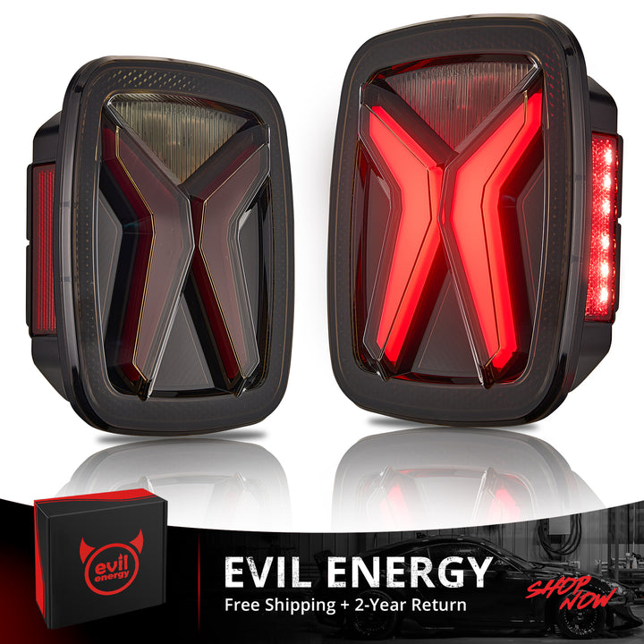 EVIL ENERGY Fit For 1997-2006 Jeep Wrangler CJ YJ TJ Trucks LED Tail Lights Assembly, New Upgrade DOT Smoke X Shape, Brake Turn Signal LED Rear License Plate Lights with Side Markers - EVILENERGY