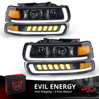 EVIL ENERGY LED Headlights Assembly Headlamps Replacement Compatible with 1999-2002 Chevy Silverado 2000-2006 Chevy Suburban Tahoe DRL Turn Signal Hi/Low Beam with Bulbs (NOT FIT for GMC) - EVILENERGY