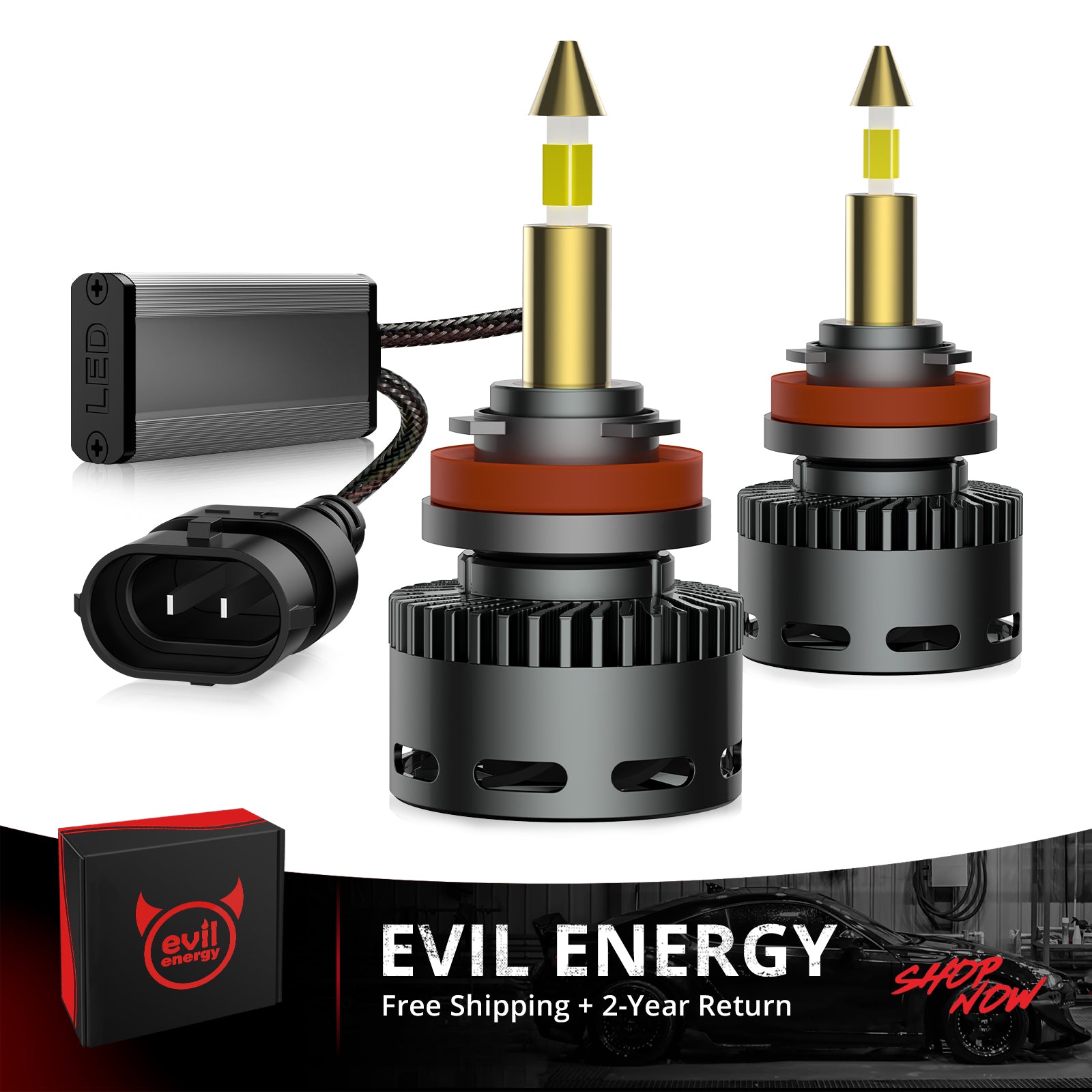 EVIL ENERGY RD09 Bullet H11/H8/H9 130W 360°Full Illumination LED Headlight Bulbs 900% Brighter Than Halogen and 60000Hrs Lifespan - EVILENERGY