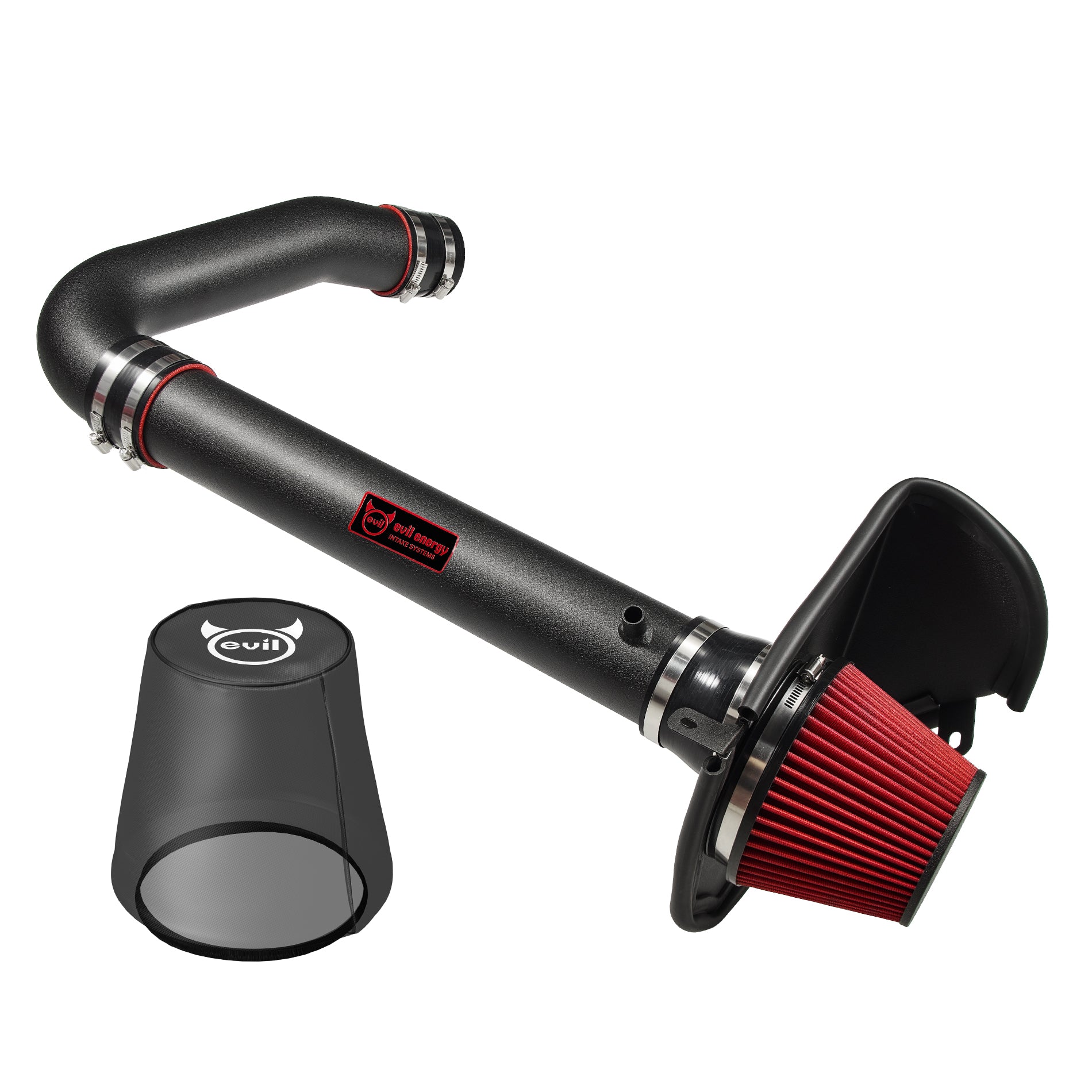 EVIL ENERGY Cold Air Intake System – Close-Up of Black Tube, Red Filter & Heat Shield