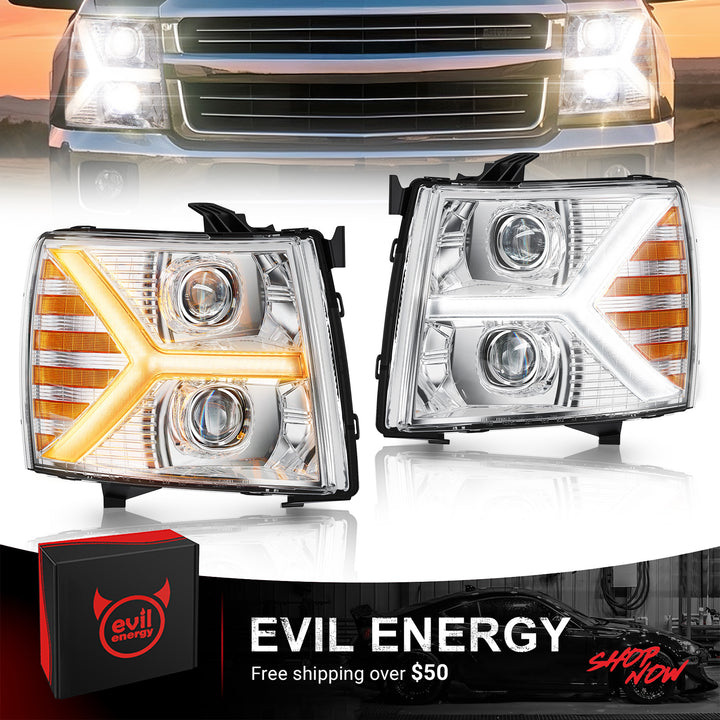 EVIL ENERGY Headlights assembly for Chevy Silverado 1500 2500 HD 3500 HD 2007-2013, Headlight Assembly Pair with LED DRL Turn Signal & Clear Lens, Anti-Glare & Wateproof Head Light Assembly Set, Chrome - EVILENERGY