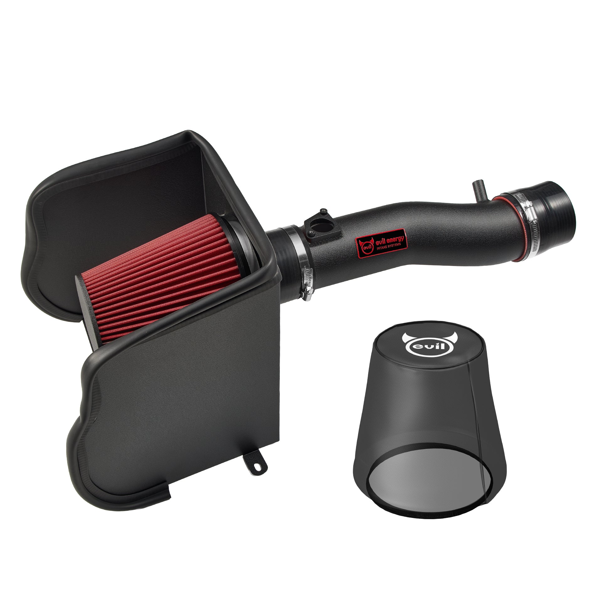 EVIL ENERGY Cold Air Intake System for Toyota Tacoma 3.5L – Close-Up of Black Tube, Red Filter & Heat Shield