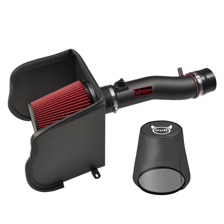 EVIL ENERGY Cold Air Intake System for Toyota Tacoma 3.5L – Close-Up of Black Tube, Red Filter & Heat Shield