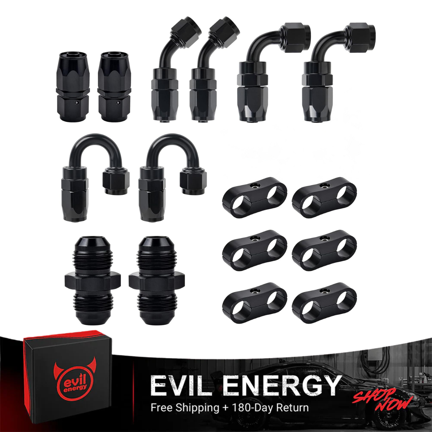 EVIL ENERGY 6AN 8AN 10AN Hose End Fitting Kit, complete set with straight, 45°, 90°, 180° fittings and hose separator clamps, black aluminum, for CPE braided fuel line systems