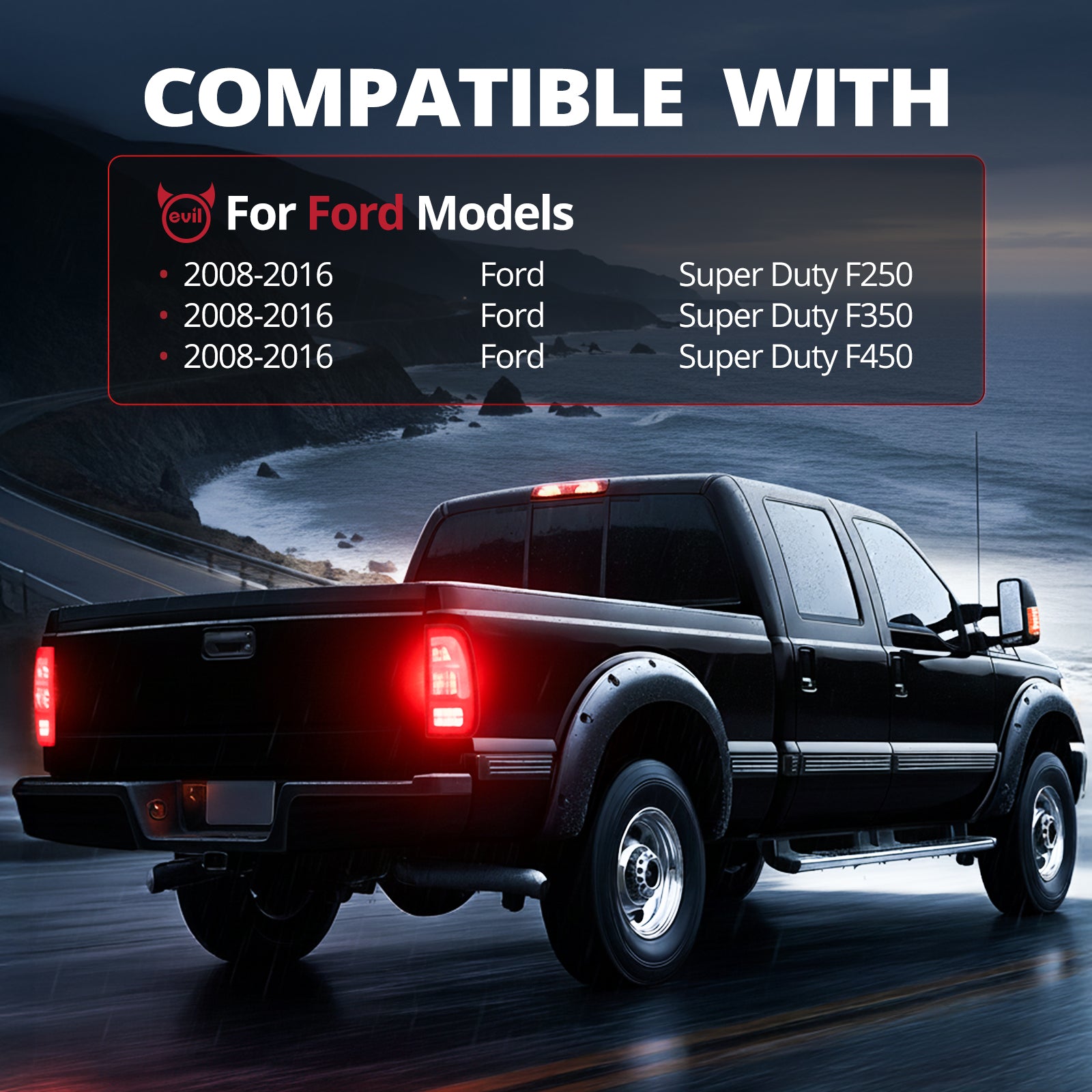 EVIL ENERGY Fit for 2008-2016 Ford F250 F350 F450 LED Taillights , New Upgrade F Fashion Style, Rear Brake Stop/Reverse Lights/Running Lights/Turn Signal Tail Lamp (2PCS, Passenger & Driver Side) - EVILENERGY