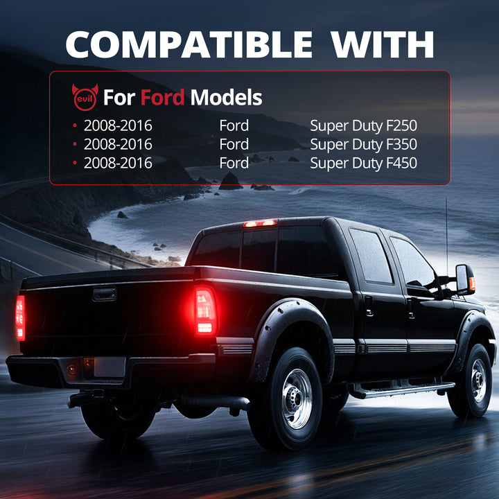 EVIL ENERGY Fit for 2008-2016 Ford F250 F350 F450 LED Taillights , New Upgrade F Fashion Style, Rear Brake Stop/Reverse Lights/Running Lights/Turn Signal Tail Lamp (2PCS, Passenger & Driver Side) - EVILENERGY