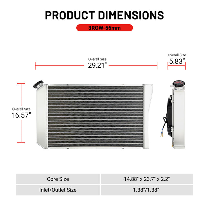 EVIL ENERGY 3-Row Aluminum Radiator Dimensions – 3ROW-56mm, overall size 29.21-inchx16.57-inchx5.83-inch, core size 14.88-inchx23.7-inchx2.2-inch