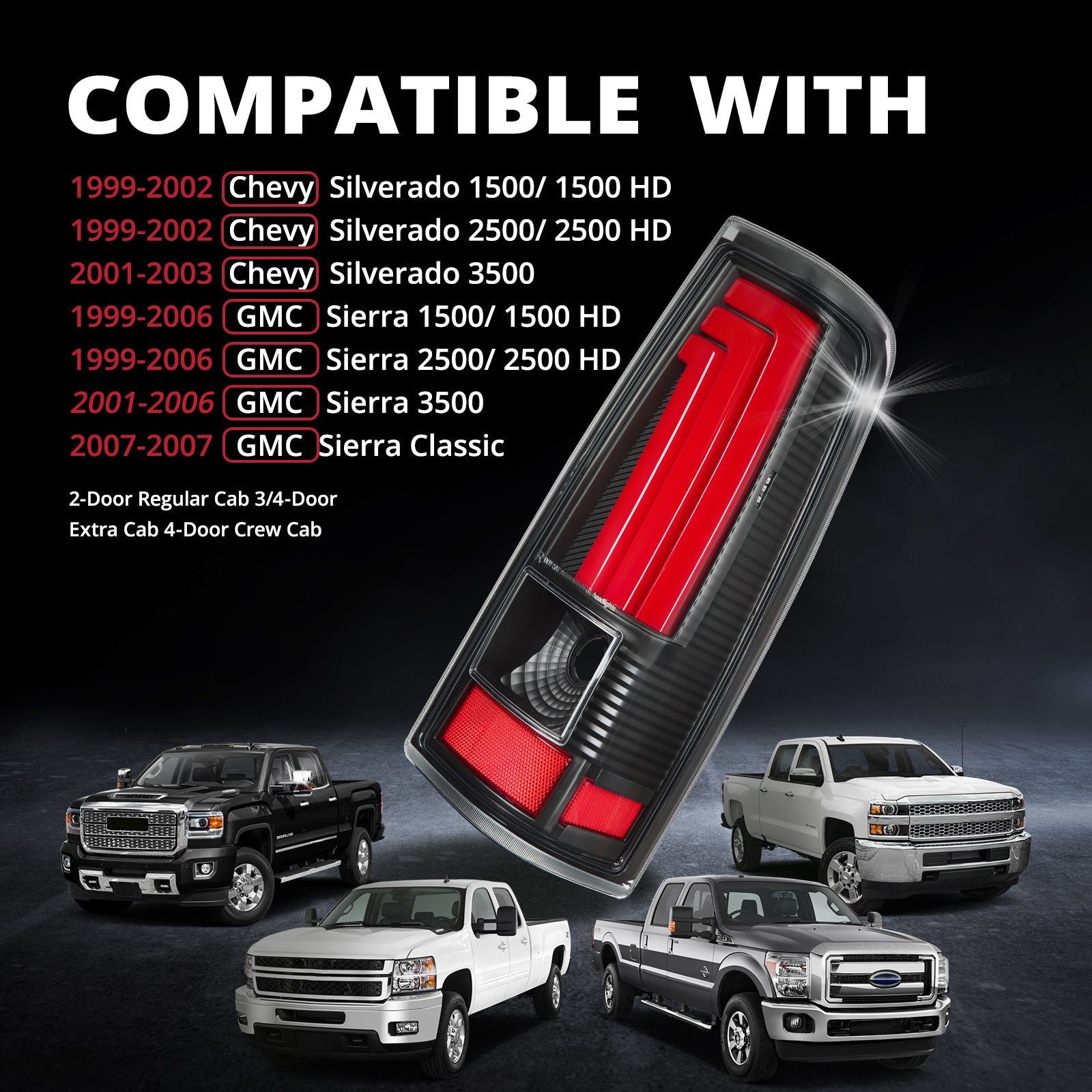 EVIL ENERGY Fit For Chevy Silverado 1999 2000 2001 2002, 1999-2007 GMC Sierra Classic LED Tail Lights Assembly, Smoked Tail Lights Truck Rear Lamp Black&Red 1 Pair - EVILENERGY