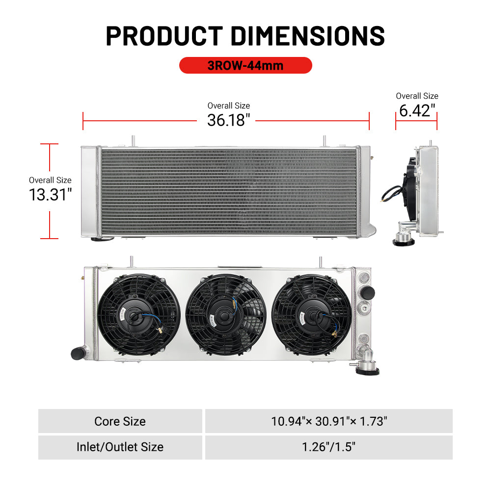 EVIL ENERGY 3-Row Aluminum Radiator Dimensions – 3ROW-44mm, Core Size 10.94-inchx30.91-inchx1.73-inch, Inlet/Outlet 1.26-inch/1.5-inch