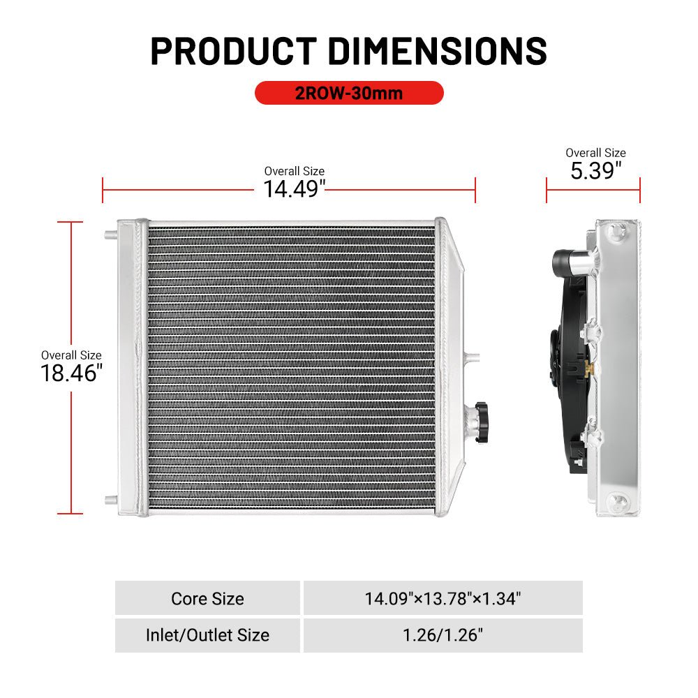 EVIL ENERGY 2-Row Aluminum Radiator Dimensions – 2ROW-30mm, overall size 14.49-inchx18.46-inchx5.39-inch, core size 14.09-inchx13.78-inchx1.34-inch