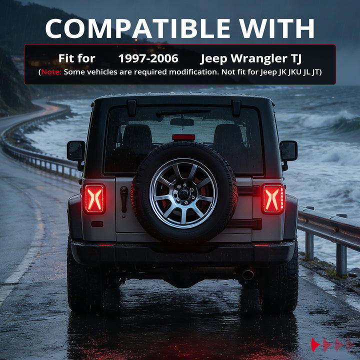 EVIL ENERGY Fit For 1997-2006 Jeep Wrangler CJ YJ TJ Trucks LED Tail Lights Assembly, New Upgrade DOT Smoke X Shape, Brake Turn Signal LED Rear License Plate Lights with Side Markers - EVILENERGY