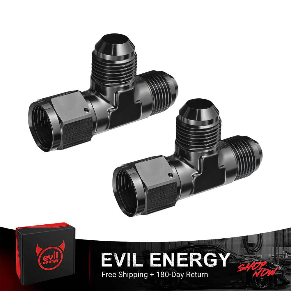 EVIL ENERGY AN8/AN10 Male Tee to AN Female Swivel on Run, Black Aluminum EFI Fuel Fitting Adapter 2PCS - EVILENERGY