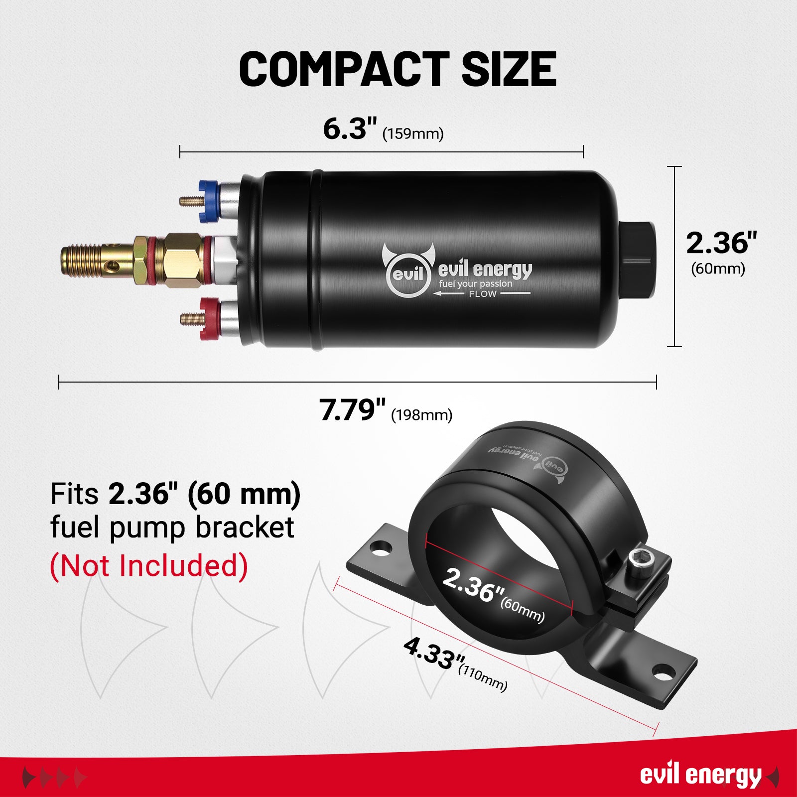 EVIL ENERGY 12V Electric Fuel Pump for EFI compact size diagram – 6.3-inch length, 2.36-inch diameter, fits 60 mm bracket.