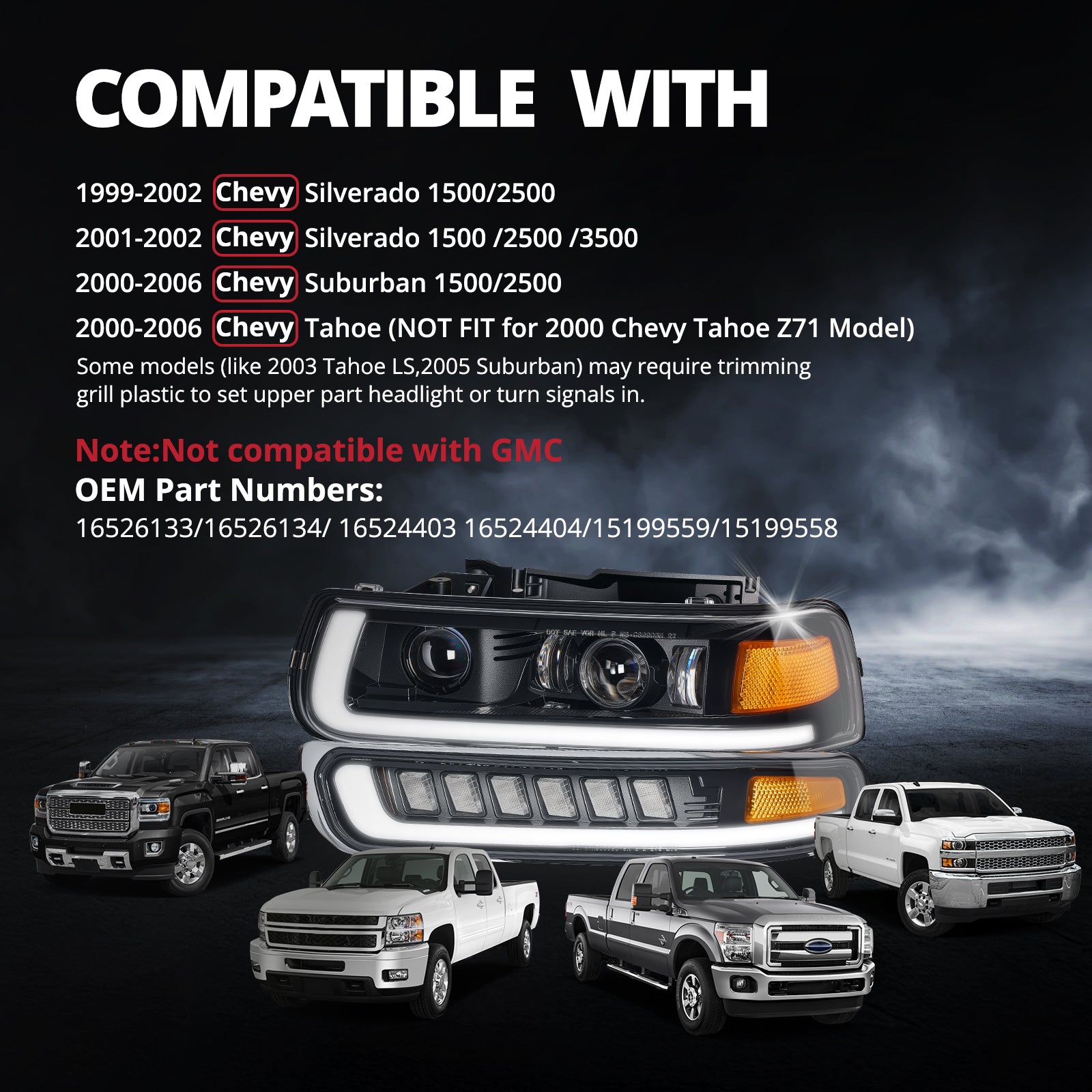 EVIL ENERGY LED Headlights Assembly Headlamps Replacement Compatible with 1999-2002 Chevy Silverado 2000-2006 Chevy Suburban Tahoe DRL Turn Signal Hi/Low Beam with Bulbs (NOT FIT for GMC) - EVILENERGY