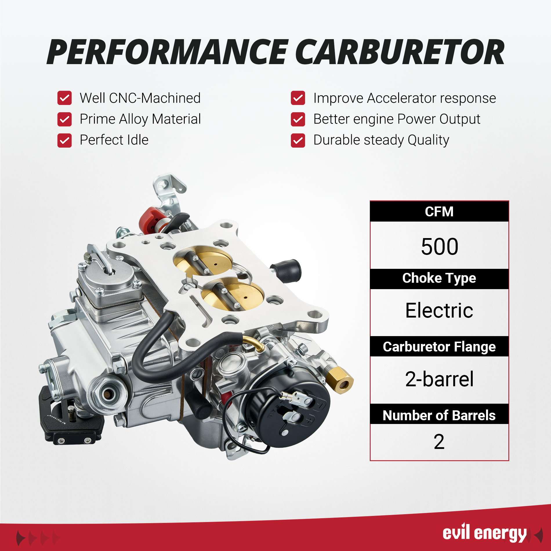 EVIL ENERGY 500 CFM 2-barrel Street Carburetor highlights CNC-machined build, precise fuel delivery, and electric choke