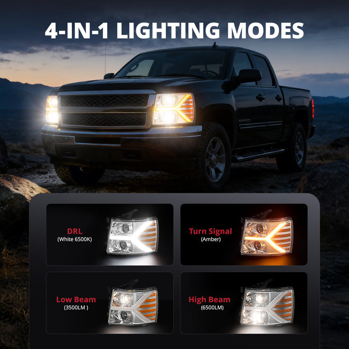 EVIL ENERGY Headlights assembly for Chevy Silverado 1500 2500 HD 3500 HD 2007-2013, Headlight Assembly Pair with LED DRL Turn Signal & Clear Lens, Anti-Glare & Wateproof Head Light Assembly Set, Chrome - EVILENERGY
