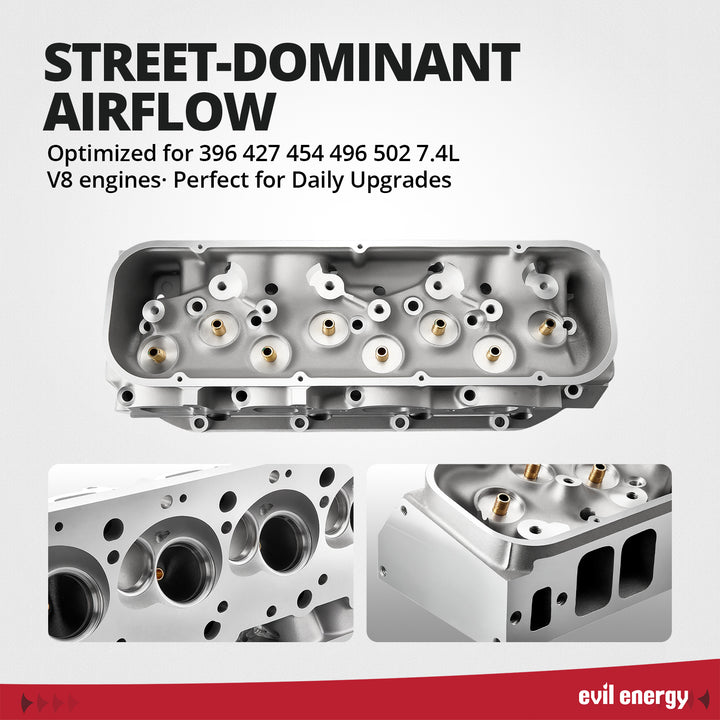 EVIL ENERGY BBC Cylinder Head - Street - Dominant Airflow, Optimized for 396 - 502 BBC V8 Engines
