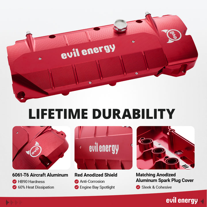 EVIL ENERGY Red CNC Billet Aluminum Valve Cover - For BMW E46 E60 M52 M54, Heat Dissipation & Engine Bay Upgrade - EVILENERGY