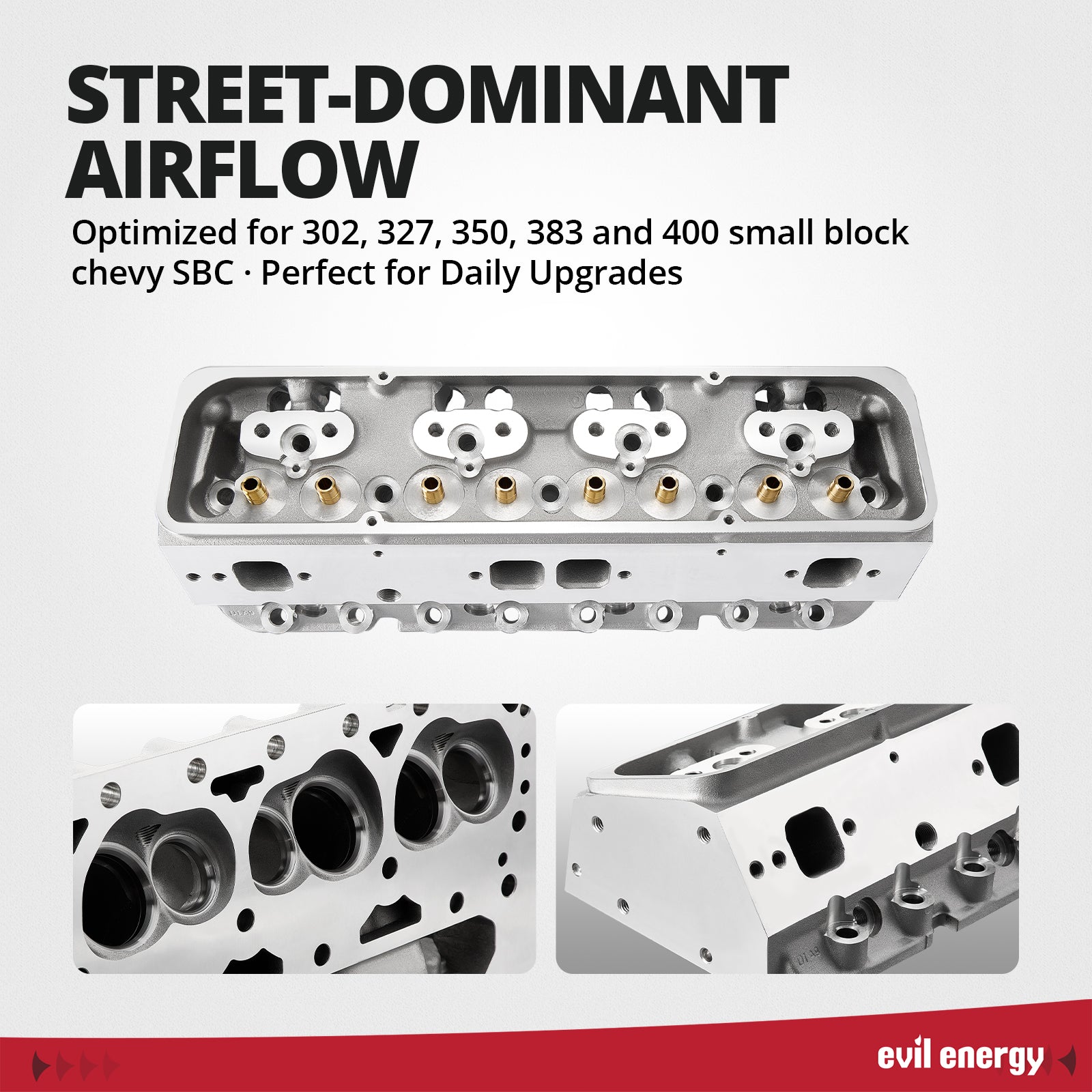 EVIL ENERGY Cylinder Head for SBC Engines - Street - Dominant Airflow, Optimized for 302 - 400 Small Block Chevy SBC