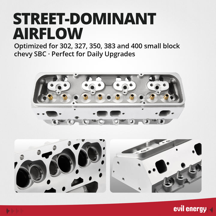 EVIL ENERGY Cylinder Head for SBC Engines - Street - Dominant Airflow, Optimized for 302 - 400 Small Block Chevy SBC
