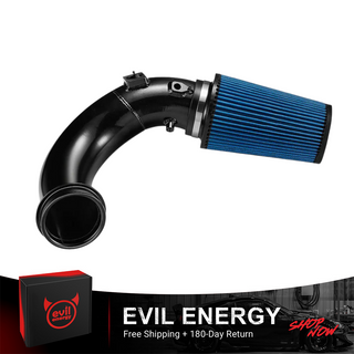 EVIL ENERGY cold air intake kit featuring a black T-304 aluminum induction pipe and a high-flow blue cone filter for 6.7 Cummins diesel engines.