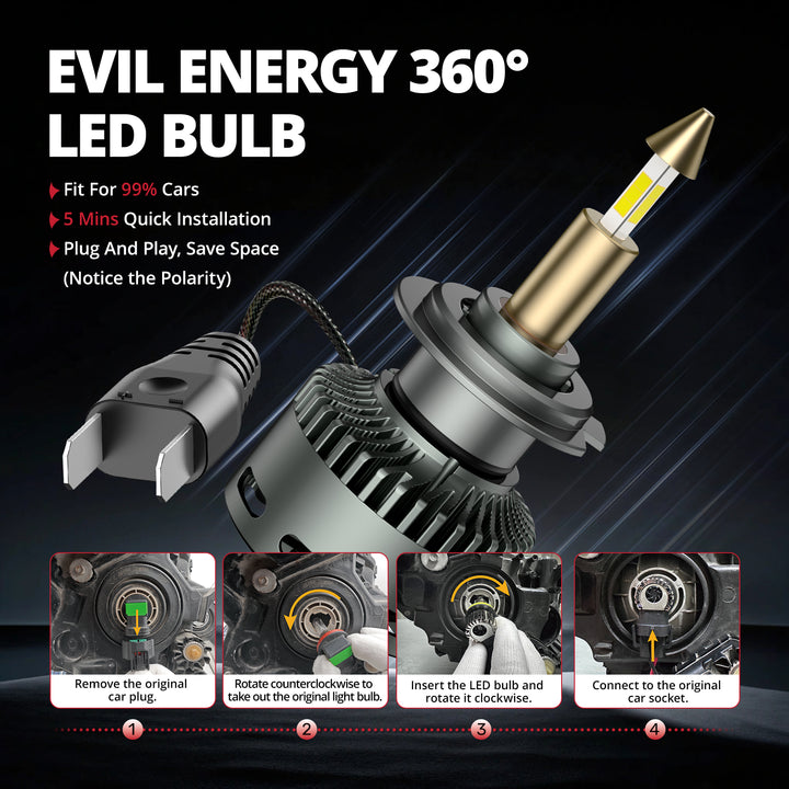 EVIL ENERGY RD09 Bullet 130W 360° Full IIlumination H7 6500K White 40000LM IP68 LED Headlight Bulbs 2 Pcs - EVILENERGY