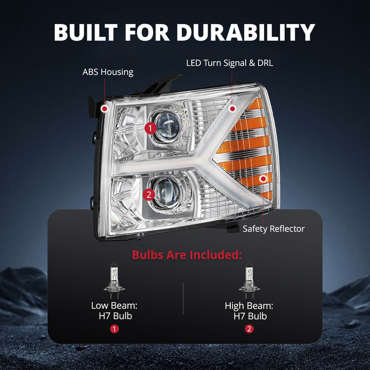 EVIL ENERGY Headlights assembly for Chevy Silverado 1500 2500 HD 3500 HD 2007-2013, Headlight Assembly Pair with LED DRL Turn Signal & Clear Lens, Anti-Glare & Wateproof Head Light Assembly Set, Chrome - EVILENERGY
