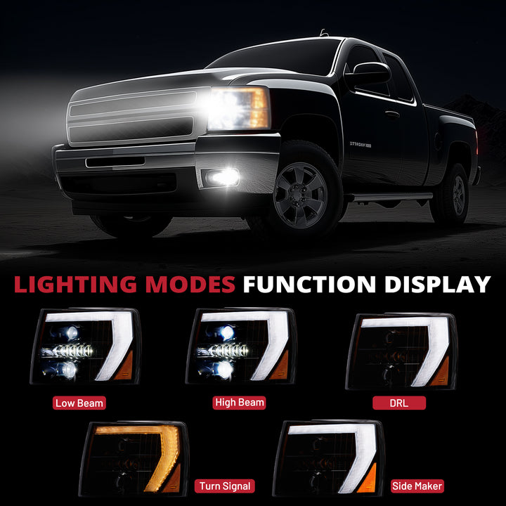 EVIL ENERGY 600% Bright LED Headlights Assembly, Fit For 2007-2013 Chevy Silverado 1500, 2007-2014 Chevy Silverado 2500 3500 2500HD 3500HD, DRL/Turn Signal/Side Maker/Low Beam w/ Bulbs (NOT for GMC) - EVILENERGY