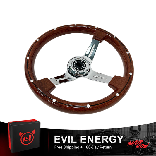 EVIL ENERGY 14 inch Vintage Riveted Steering Wheel – 350mm Wood Style Racing Wheel Universal Fit