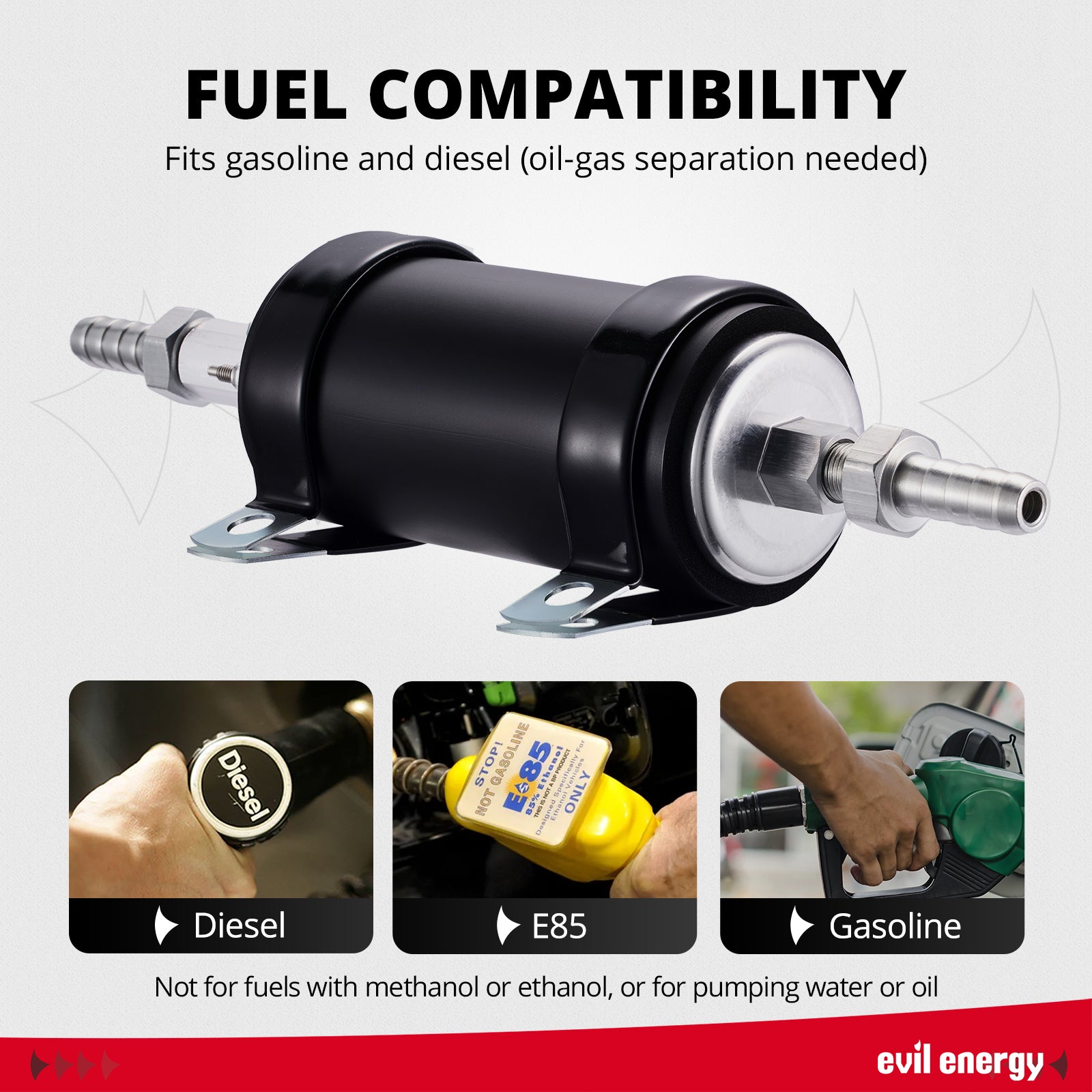 Fuel compatibility chart for the EVIL ENERGY external fuel pump, indicating primary use with gasoline and noting conditional use with diesel, while warning against ethanol fuels.