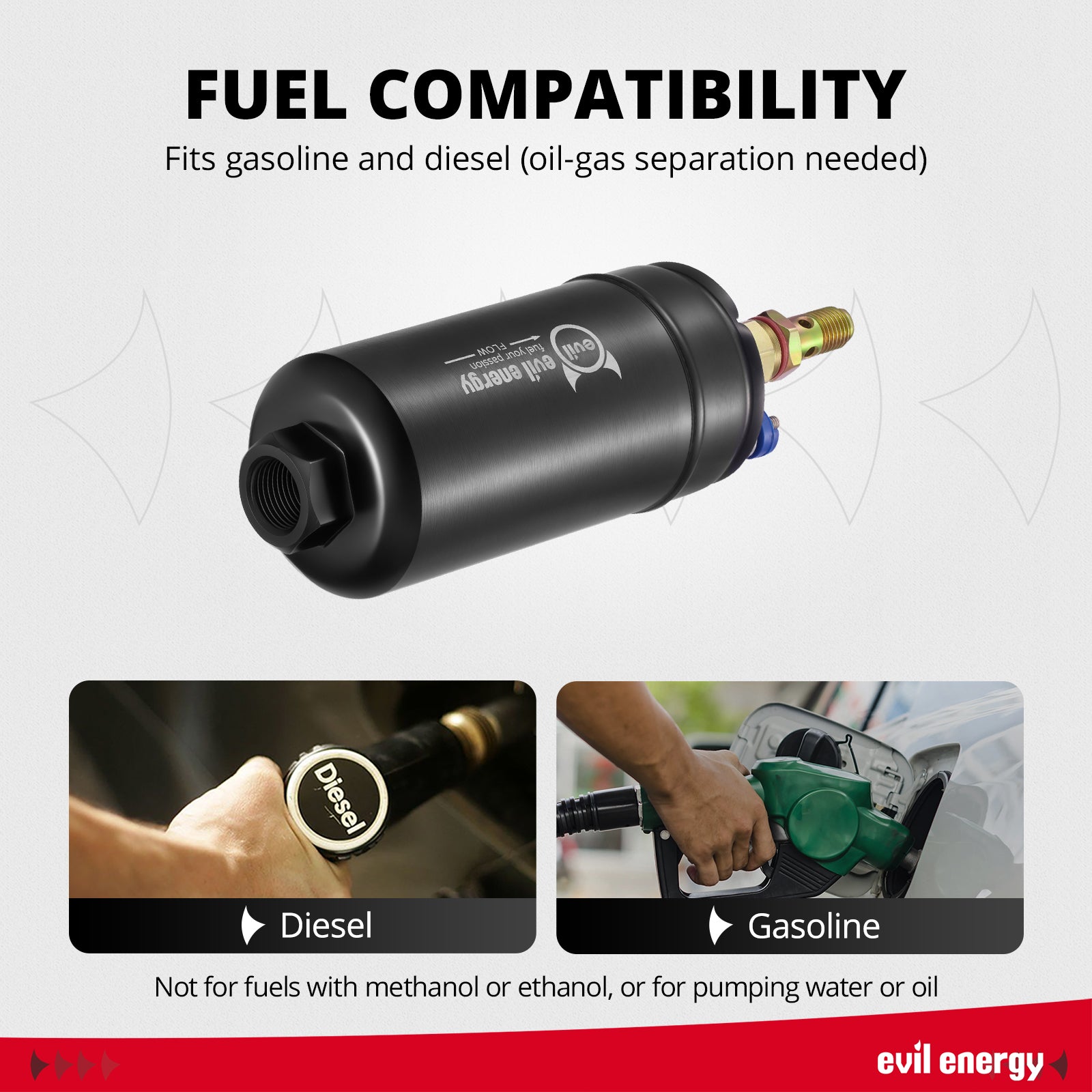 EVIL ENERGY 12V Electric Fuel Pump for EFI fuel compatibility – works with gasoline and diesel; not for methanol/ethanol, water, or oil.