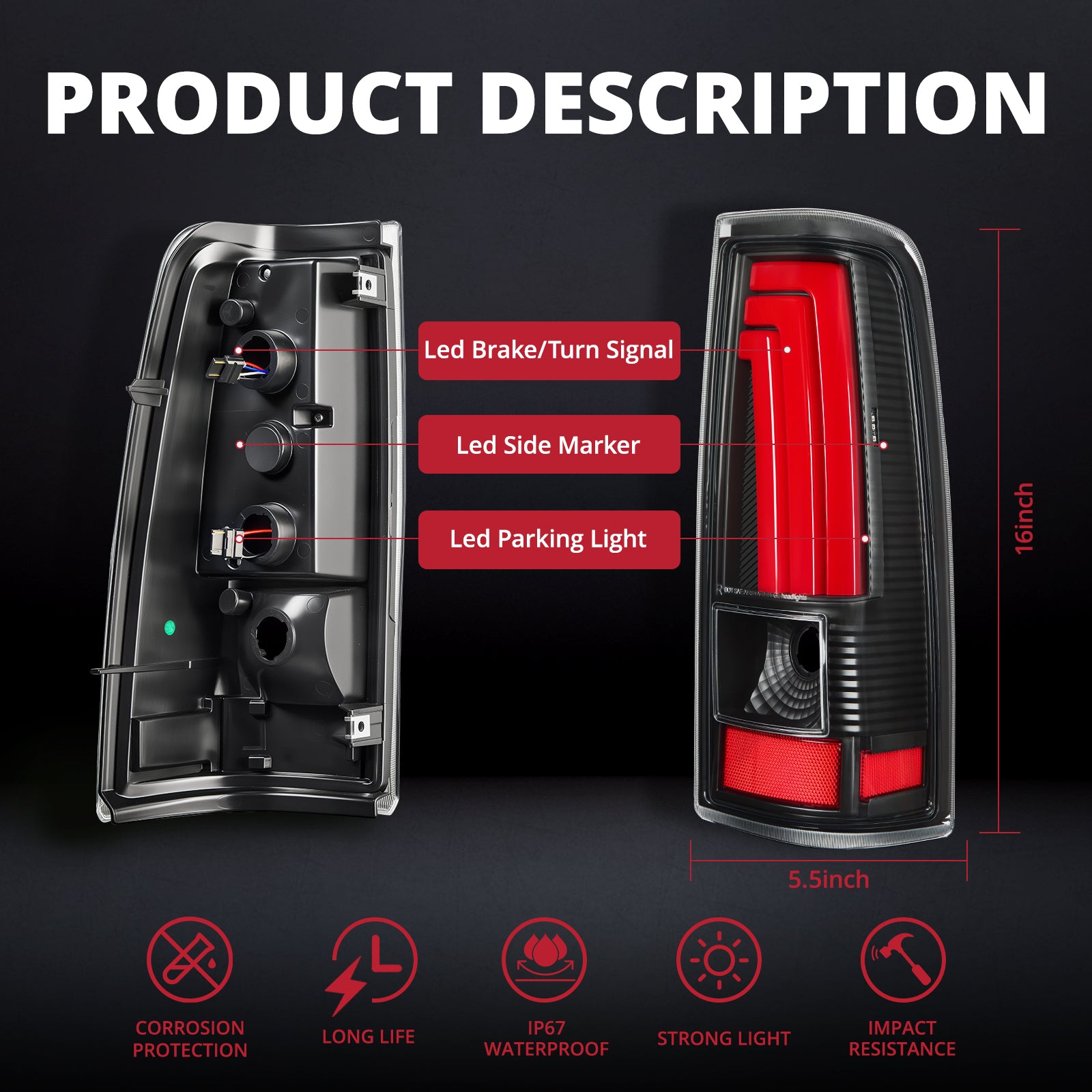 EVIL ENERGY Fit For Chevy Silverado 1999 2000 2001 2002, 1999-2007 GMC Sierra Classic LED Tail Lights Assembly, Smoked Tail Lights Truck Rear Lamp Black&Red 1 Pair - EVILENERGY