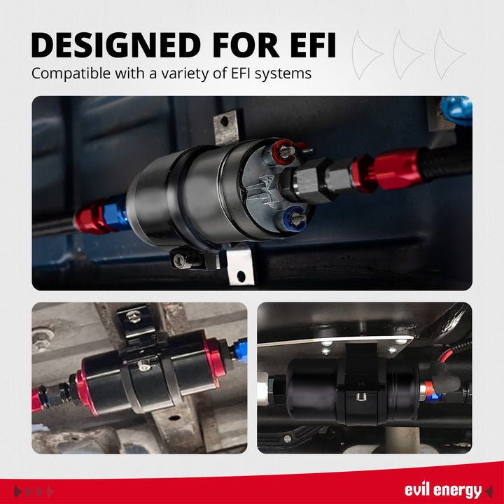 EVIL ENERGY 12V Electric Fuel Pump for EFI installed views – external under-vehicle mounting for various EFI systems.