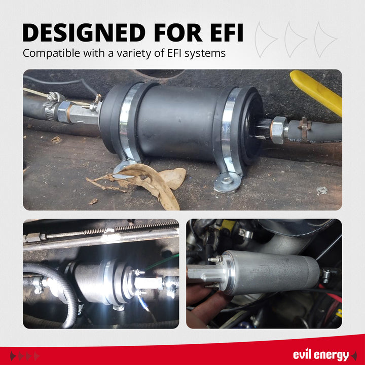 Real-world application photos of the EVIL ENERGY 290 LPH EFI Electric Fuel Pump installed on various vehicles, demonstrating its compatibility with a variety of EFI systems.