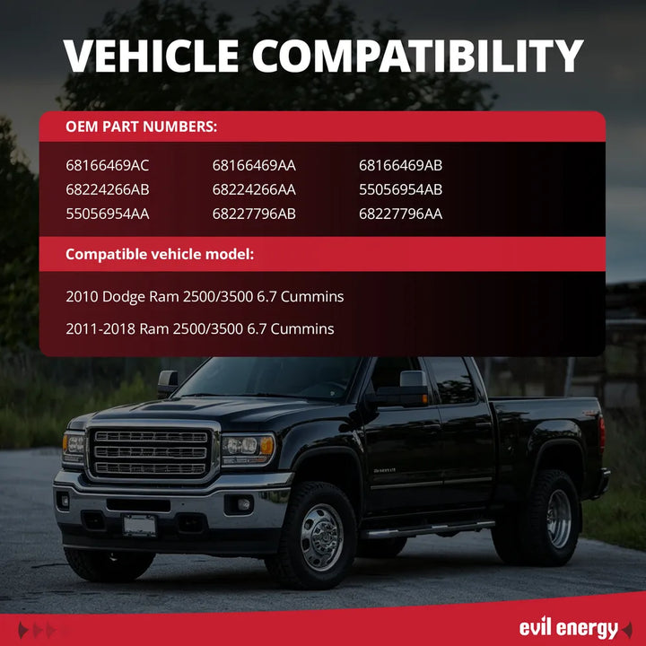 Vehicle compatibility chart for 2010-2018 Ram 2500 3500 6.7 Cummins upper radiator hose with OEM numbers 68166469AC 68224266AB 55056954AB 68227796AB