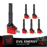 A collective product shot displaying a complete set of high-performance EVIL ENERGY ignition coils, including the main car ignition coil (UF773) designed for Ford F150 ignition coil and Ford Fusion ignition coil upgrades. The red and black design signals a premium coil ignition system.
